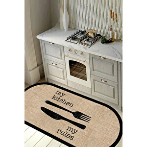 Dijital Baskılı Kaymaz Jüt Görünümlü Kitchen Siyah Çerçeveli Oval Mutfak Halısı-d5034 120x180 cm