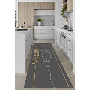 Dijital Baskılı Kaymaz Taban Yıkanabilir Gold Kitchen Yazılı Antrasit Mutfak Halı Yolluk-d5014