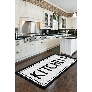 Dijital Baskılı Kaymaz Yıkanabilir Siyah Beyaz Kıtchen Yazılı Mutfak Halısı-d5037 100x250 cm
