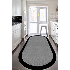 Dijital Kaymaz Gri Jüt Görünümlü Oval Siyah Çerçeveli Mutfak Halısı Salon Halısı Halı Yolluk 100x200 cm