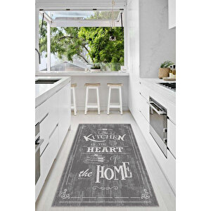 Dijital Baskılı Kaymaz Taban Yıkanabilir Kitchen-home Yazılı Çerçeveli Gri Mutfak Halısı-d5017 120x180 cm