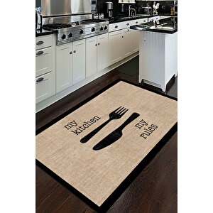 Dijital Baskılı Kaymaz Jüt Görünümlü Kitchen Yazılı Siyah Çerçeveli Mutfak Halısı-d5034 160x550 cm