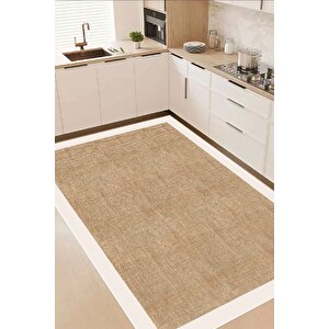 Dijital Kaymaz Leke Tutmaz Yıkanabilir Jüt Görünümlü Beyaz Mutfak Halısı Salon Halısı Balkon Halısı 100x200 cm