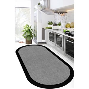 Dijital Kaymaz Gri Jüt Görünümlü Oval Siyah Çerçeveli Mutfak Halısı Salon Halısı Halı Yolluk 120x350 cm