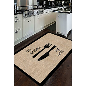 Dijital Baskılı Kaymaz Jüt Görünümlü Kitchen Yazılı Siyah Çerçeveli Mutfak Halısı-d5034 120x180 cm