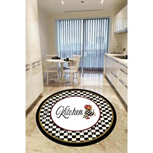 Dijital Kaymaz Yıkanabilir Mackenzie Kitchen Siyah Yuvarlak Mutfak Halısı Dekoratif Halı 140x140 cm