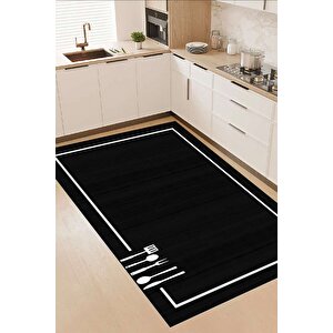 Dijital Kaymaz Yıkanabilir Modern Çerçeveli Kıtchen Mutfak Halısı Siyah Mutfak Halısı Dc-5057 160x230 cm