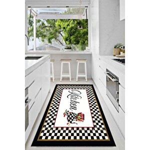 Dijital Baskılı Kaymaz, Yıkanabilir Mackenzie Dama Des. Yazılı Siyah Mutfak Halısı-d5032 80x140 cm
