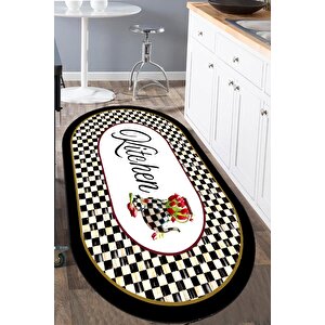 Dijital Kaymaz Yıkanabilir Mackenzie Siyah Beyaz Çiçekli Oval Mutfak Halısı Dekoratif Halı 120x180 cm