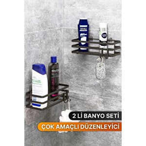 Banyo Düzenleyici Şampuanlık Sabunluk 2 Li Set Lamalı Yapışkanlı 4 Askılı Duş Rafı Organizer