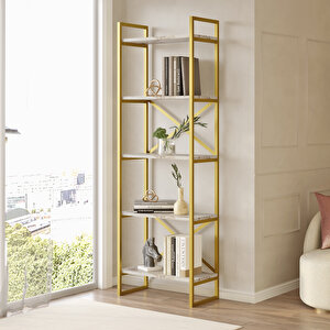 Atlantis Gold Metal Kitaplık 5 Raflı 175cm Mermer Desen