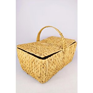Hasır Bambu Kapaklı Piknik Sepeti Dikdörtgen Piknik Çantası Kahverengi
