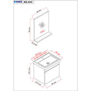 Milano 50 Cm Lavabolu Banyo Dolabı, Lavabo Dahil, Aynalı, Raflı Üst Modül