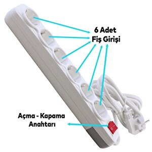 Grup Priz 6'lı Altı Gözlü Anahtarlı Topraklı 3 Metre Seyyar Ara Kablolu Uzatma Kablolusu Altılı Piriz Kablo