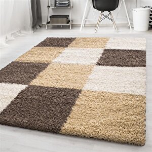 Halı Salon Yüksek Havlı, Uzun Havlı Shaggy Halı Karo Desen, Kolay Bakım-cy_life1501brown 80x250 cm