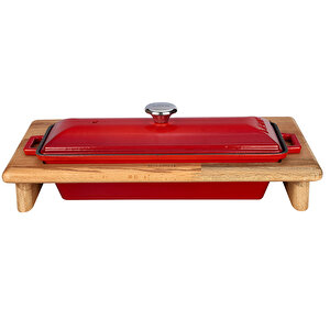 Döküm Ekmek Tenceresi / Kayın Ağacı Servis Standı / Terrine Serisi. Ölçü 11x29cm. Kırmızı
