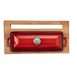 Döküm Ekmek Tenceresi / Kayın Ağacı Servis Standı / Terrine Serisi. Ölçü 11x29cm. Kırmızı