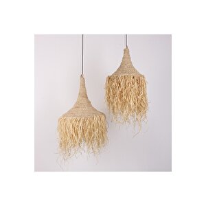 Bohem Etnik Doğal Hasır Doğal Rafya Bambu & Rattan Handmade Dekoratif Sarkıt Saçaklı Avize 45x80cm