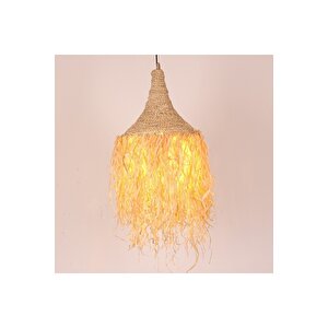 Bohem Etnik Doğal Hasır Doğal Rafya Bambu & Rattan Handmade Dekoratif Sarkıt Saçaklı Avize 45x80cm