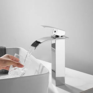 Rena Krom Kare Çanak Lavabo Bataryası Oval Şelale Model Uzun/yüksek Gümüş Gri Lavabo Musluğu Çift Girişli