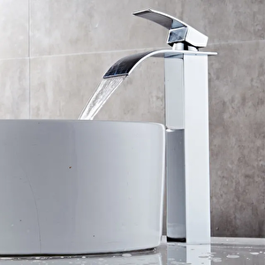Rena Krom Kare Çanak Lavabo Bataryası Oval Şelale Model Uzun/yüksek Gümüş Gri Lavabo Musluğu Çift Girişli
