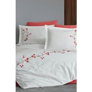 Sakura Nakışlı %100 Pamuk Çift Kişilik Nevresim Takımı Krem