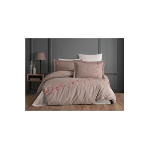 Sakura Nakışlı %100 Pamuk Çift Kişilik Nevresim Takımı Vizon