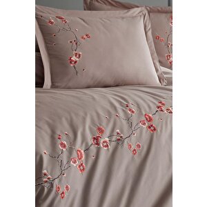 Sakura Nakışlı %100 Pamuk Çift Kişilik Nevresim Takımı Vizon
