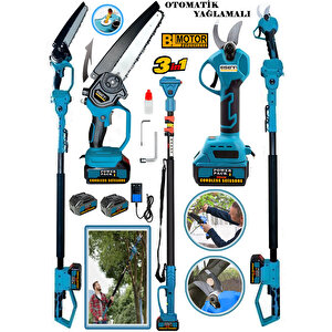 Blue 3Lü Budama Set Yeni Nesil Kömürsüz Motor Otomatik Yağlamalı Dal Budama Testere + Dal Budama Makası + Teleskopik Uzatma