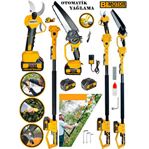 Yellow  3Lü Budama Set Yeni Nesil Kömürsüz Motor Otomatik Yağlamalı Dal Budama Testere + Dal Budama Makası + Teleskopik Uzatma