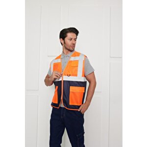 Orange Safety Mühendis Tipi İkaz Yeleği Turuncu-lacivert