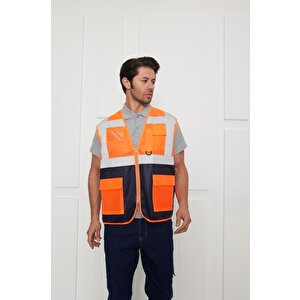 Orange Safety Mühendis Tipi İkaz Yeleği Turuncu-lacivert