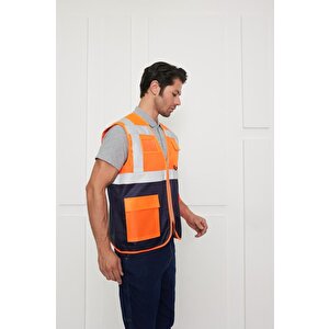 Orange Safety Mühendis Tipi İkaz Yeleği Turuncu-lacivert
