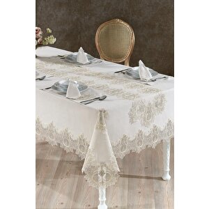 Asel Fransız Dantelli Keten Yemek Takımı - 26 Parça Cappucino