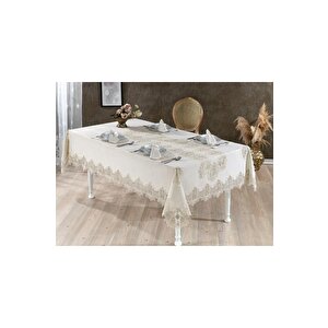 Asel Fransız Dantelli Keten Yemek Takımı - 26 Parça Cappucino