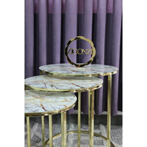 Gold Metal Mermer Desen Üçlü Zigon Sehpa