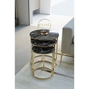 Siyah Mermer Desen Gold Metal, Üçlü Sehpa