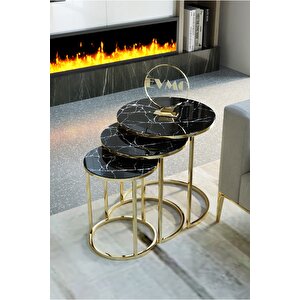 Siyah Mermer Desen Gold Metal, Üçlü Sehpa