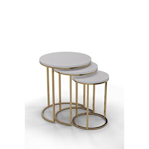 3'lü GOLD  Ayak Beyaz Tabla Zigon Servis Salon Sehpa