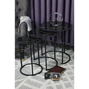 Üçlü Zigon Temperli Cam Siyah Sarı Mermer Desenli Metal Sehpa -