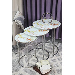 Gümüş Metal Sarı Mermer Desen, Üçlü Zigon Sehpa