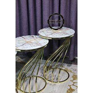 3'lü Zigon Kuğu Sehpa Gold Ayak Temperli Cam -sarı Ebru Mermer Desenli -