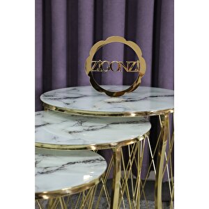 HASIR ZİGON SEHPA GOLD AYAK BEYAZ SİYAH MERMER DESEN CAM