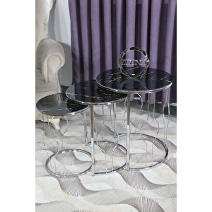 Gümüş Metal Oval Telli Mermer Desen Zigon Sehpa