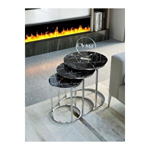3lü Zigon & Orta Sehpa Takımı Gümüş Metal Siyah Mermer Desenli