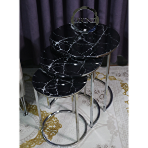 Üçlü Zigon Sehpa, Gümüş Metal Siyah Mermer Desen