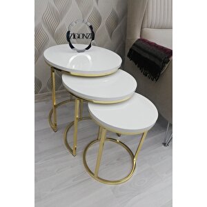 Lısa 3'lü Zigon Sehpa - Beyaz Ahşap Tabla - Gold Metal Ayak