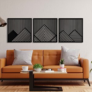 3 Parça Ahşap Geometrik Dağ Duvar Tablosu, Siyah 58,5x58,5 cm