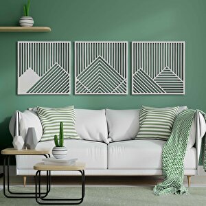 3 Parça Ahşap Geometrik Dağ Duvar Tablosu, Beyaz 28x28 cm