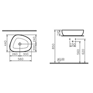 Vitra Outline 5991b401-0016 Asimetrik Lavabo, Vitra Clean, 56 Cm, Mat Beyaz